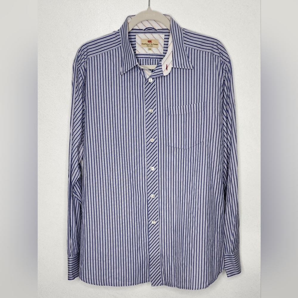 Canterbury of New Zealand Long Sleeve Button Up Blue Striped Shirt Size XXL